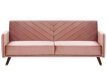 Sofá cama 3 plazas de terciopelo rosa/madera oscura SENJA