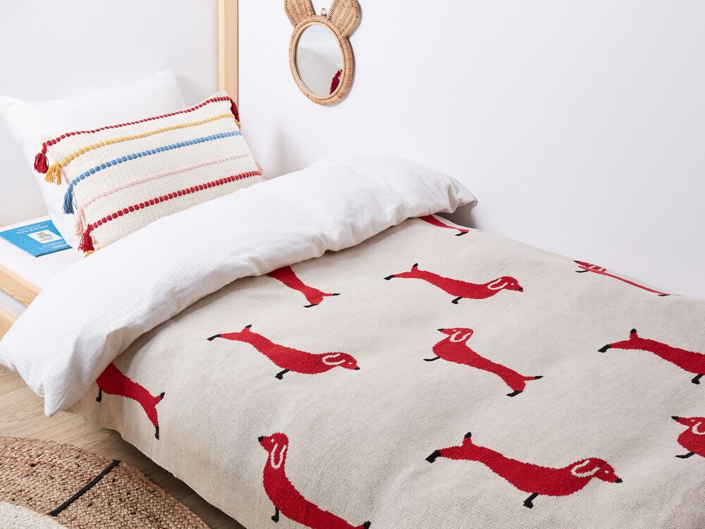 Cotton Kids Blanket Dog Motif 130 x 170 cm Beige and Red REERH Beliani
