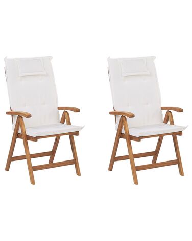 Zestaw 2 krzeseł ogrodowych składany drewno akacjowe z poduszkami kremowymi JAVA
