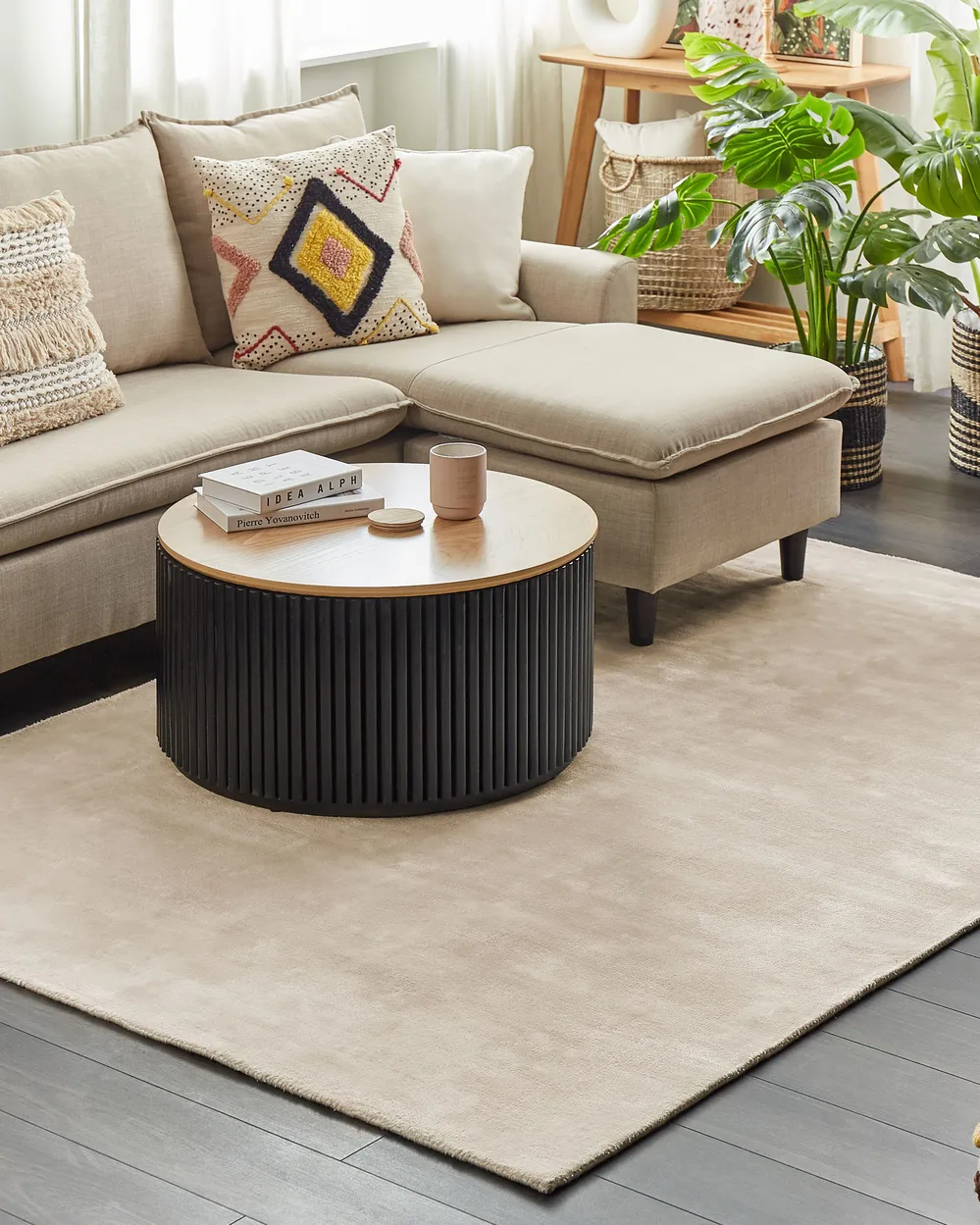 Grand Tapis De Salon 160x230 Cm - Face Beige En Polyester - Antidérapant, Lavable