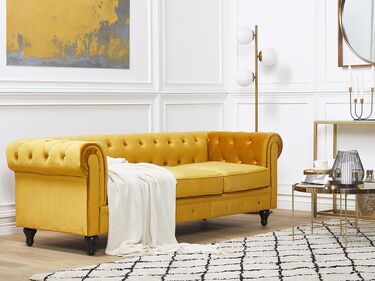 3 Seater Velvet Fabric Sofa Yellow CHESTERFIELD
