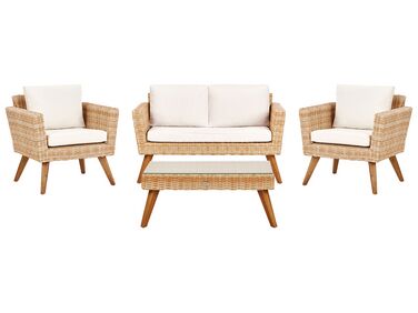 Lounge Set Rattan hellbraun 4-Sitzer Auflagen cremeweiß VITTORIA