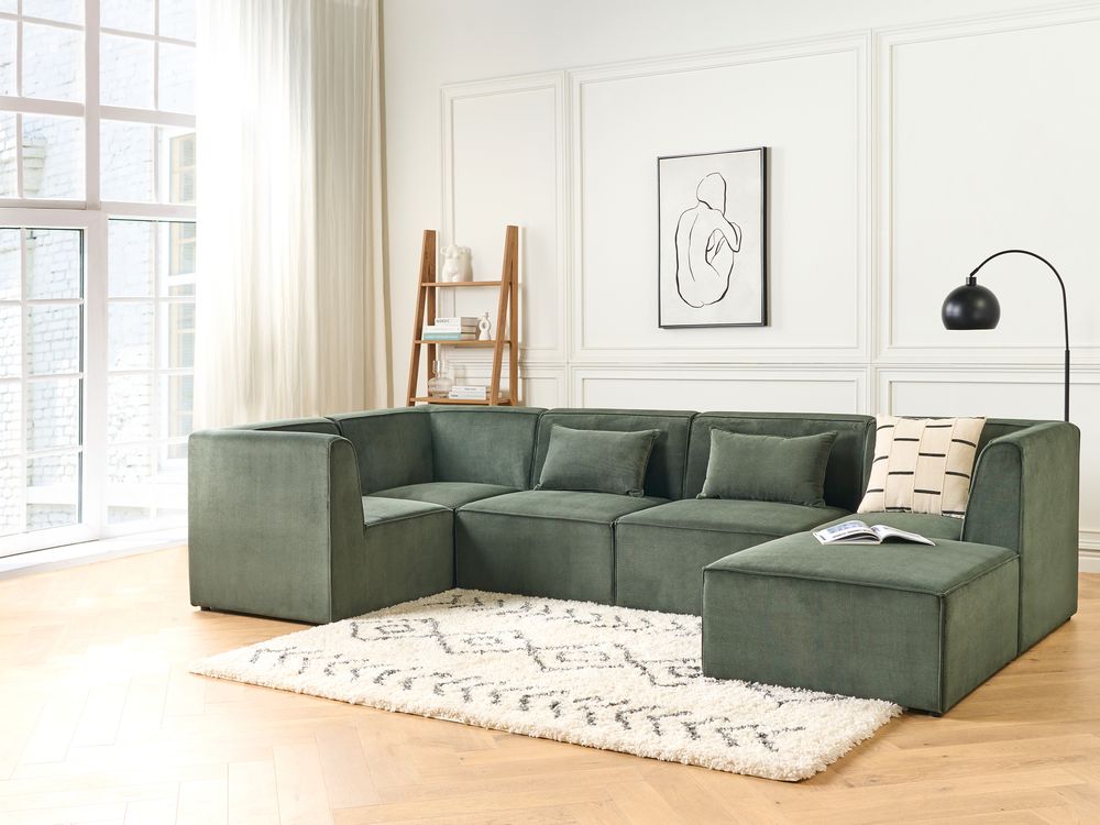 Right Hand 5 Seater Modular Jumbo Cord Corner Sofa with Ottoman Dark Green LEMVIG Beliani