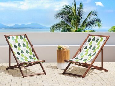 Set of 2 Acacia Folding Deck Chairs and 2 Replacement Fabrics Dark Wood with Off-White / Green Leaf Pattern ANZIO