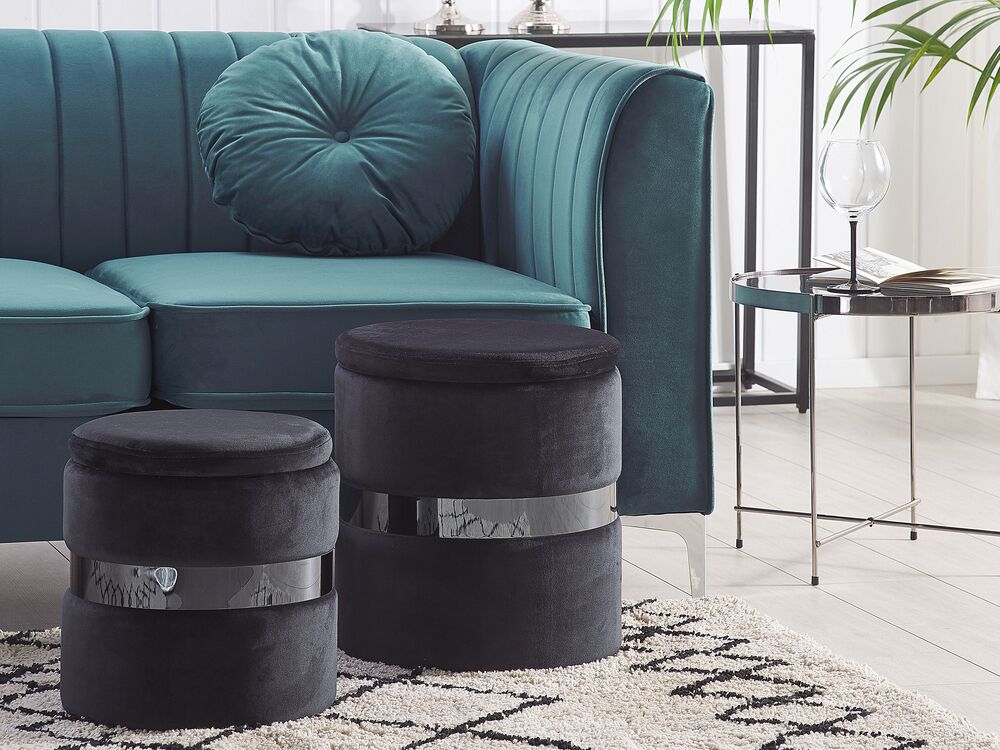 Pouf mit Stauraum 2er Set DORIS Samtstoff Schwarz