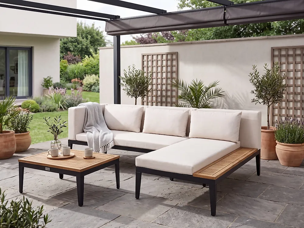 Ensemble de canapés d'angle de jardin 3 places BRACCIANO Bois d'acacia certifié Beige clair Côté gauche_1175098