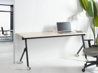 Folding Office Desk with Casters 180 x 60 cm Light Wood and Black BENDI