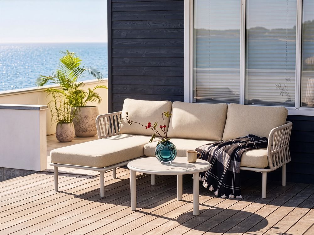 Garden Corner Sofa with Table 3 Seater ORTE Metal Beige Right Hand