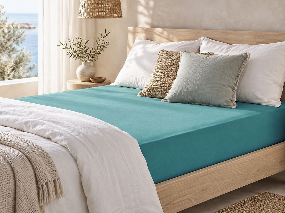 Fitted Sheet HOFUF 180 x 200 cm Cotton Turquoise
