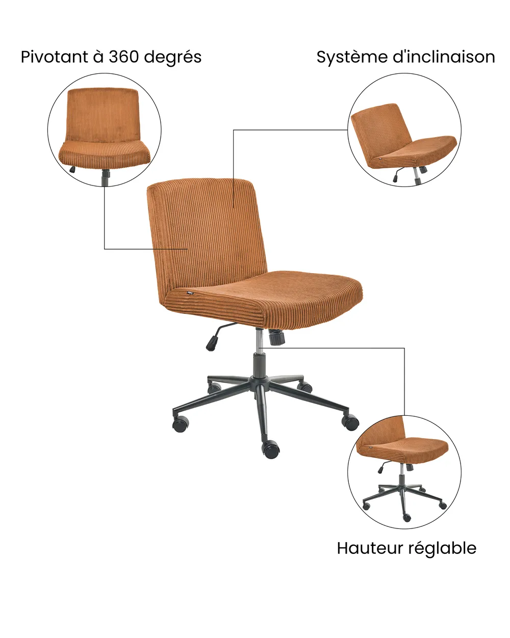 Chaise de bureau GEDDES Velours côtelé Marron doré_1074404