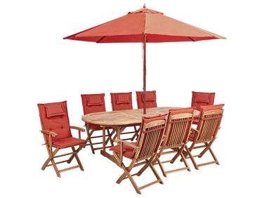 8 Seater Acacia Wood Garden Dining Set with Parasol and Red Cushions MAUI II