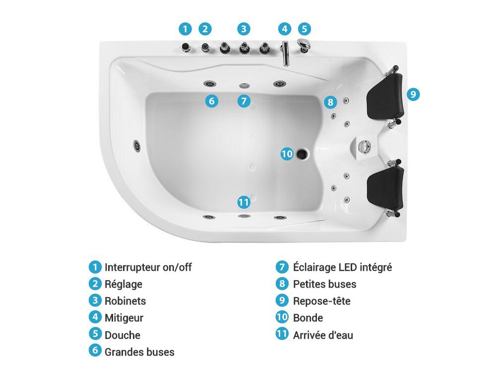 Baignoire d'angle à remous avec LED CALAMA 180 x 120 cm Blanc Côté gauche_781606