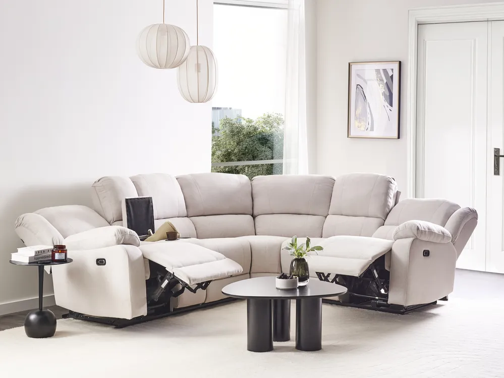Manual Recliner Corner Sofa 5 Seater ROKKE with USB Port Fabric Off-White Left Hand_959377