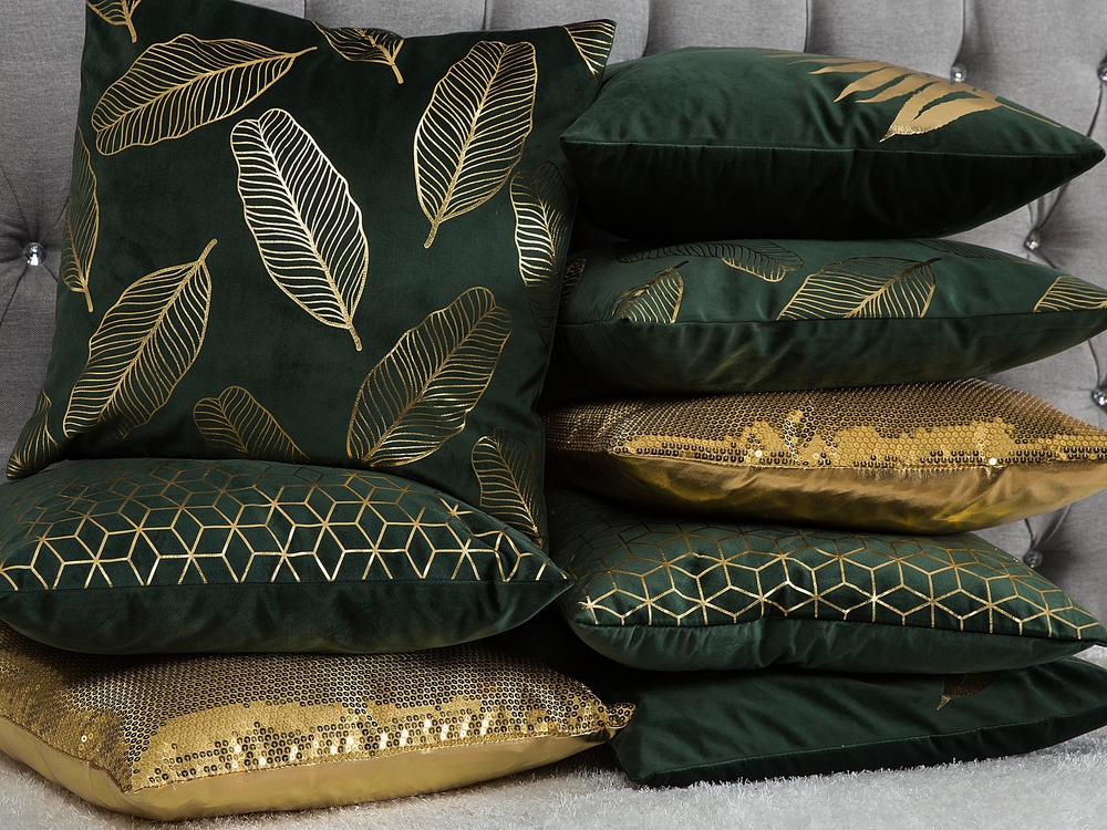 Set of 2 Velvet Cushions Leaf Pattern 45 x 45 cm Green FERN Beliani