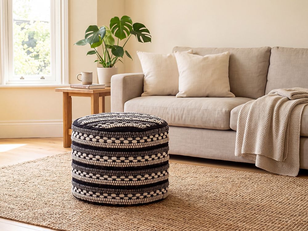 Pouf GUNTUR Wolle Schwarz / Weiss
