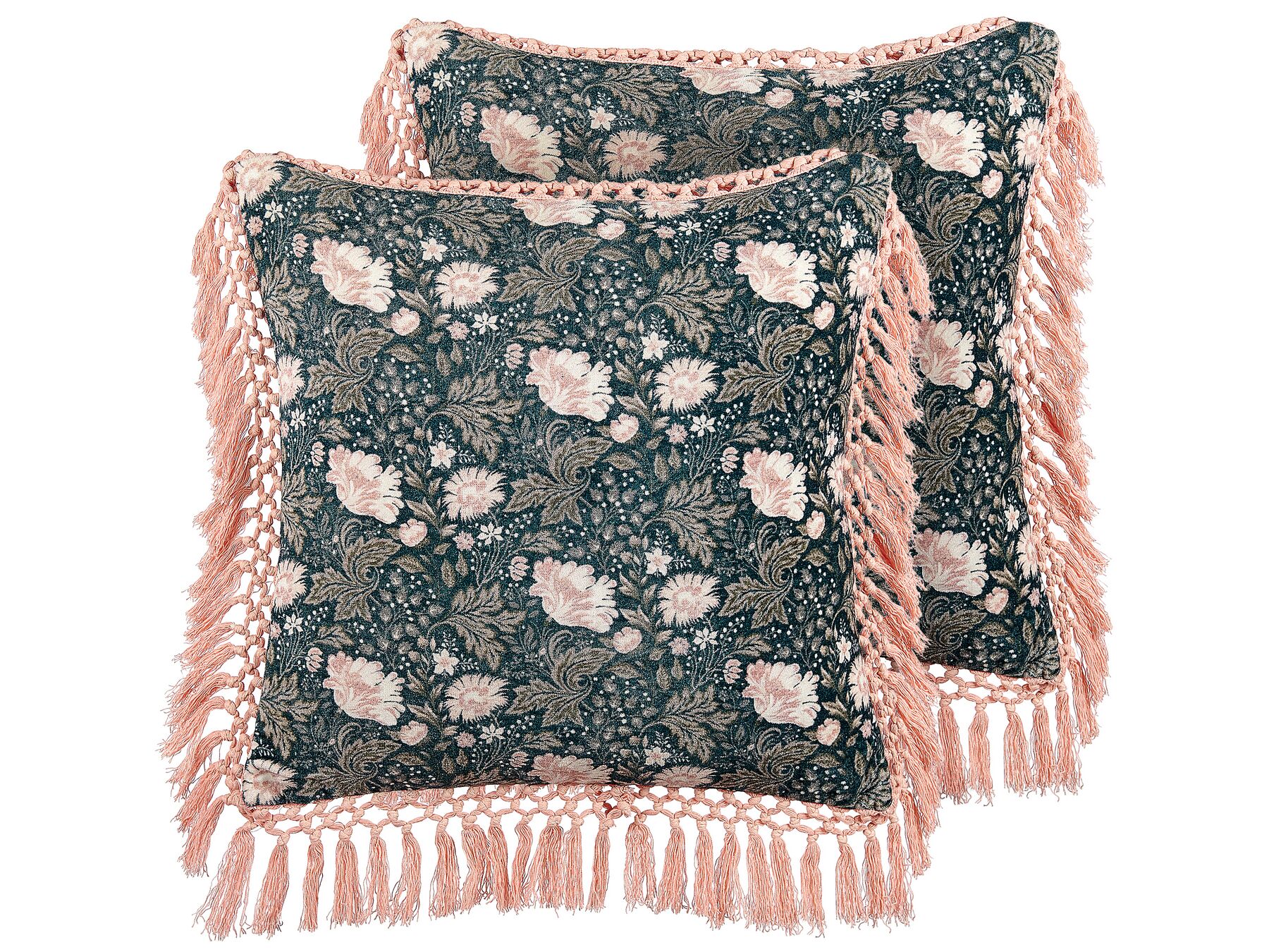 Set med 2 sammetskuddar med blommigt mönster och tofsar 45 x 45 cm blå och rosa PARROTIA_839003