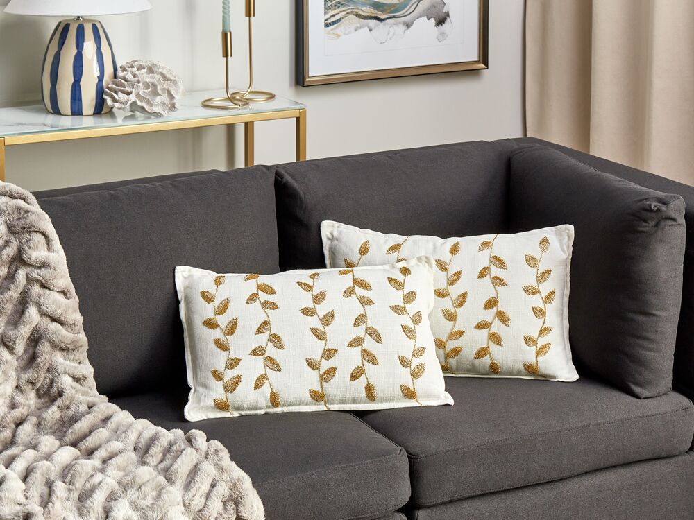 Set of 2 Cotton Cushions Leaves Pattern 30 x 50 cm White and Gold NERIUM Beliani