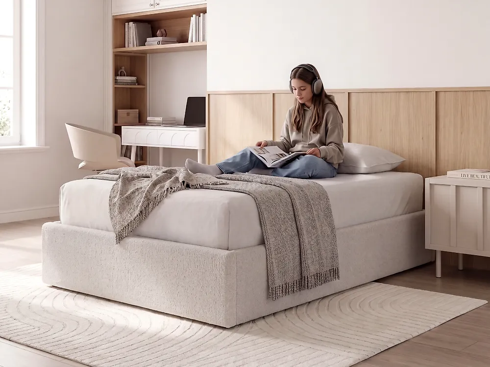 Bett mit Stauraum ohne Kopfteil DINAN Bouclé Cremeweiß 120 x 200 cm_1188201