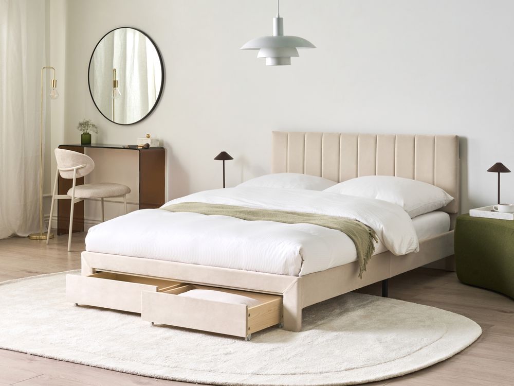 Lit avec tiroirs de rangement LONZAC Velours Beige 140 x 200 cm