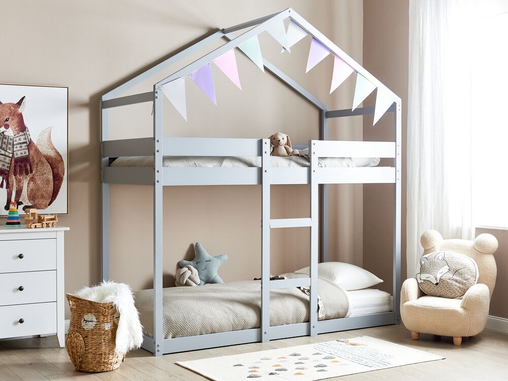 Wooden Kids House Bunk Bed EU Single Size Grey LABATUT Beliani