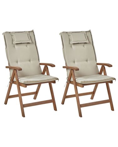 Set of 2 Acacia Wood Garden Folding Chairs Dark Wood with Taupe Cushions AMANTEA