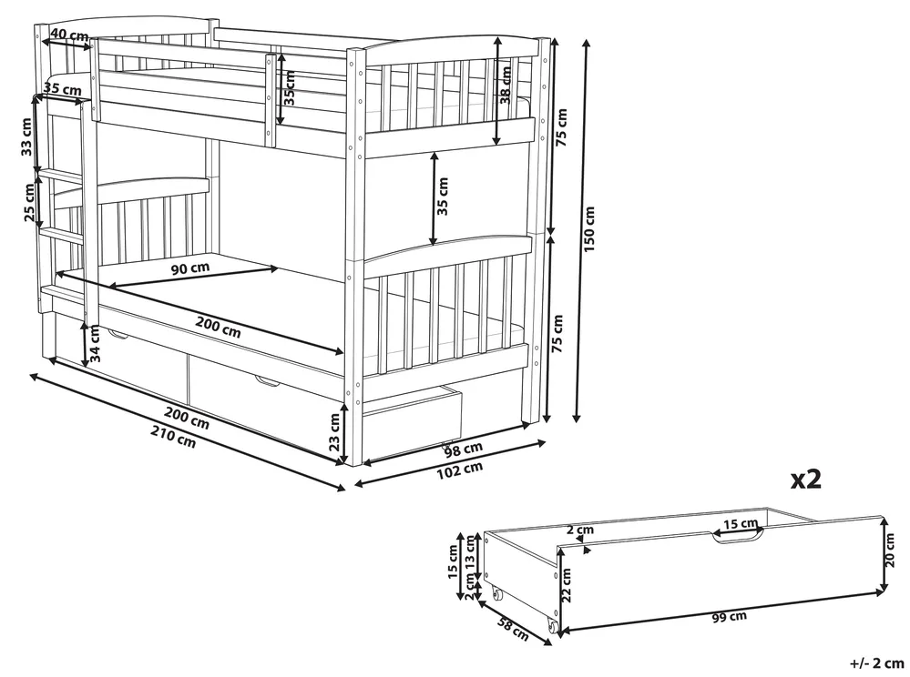 Bunk Bed with Drawers REVIN Pine Wood White 90 x 200 cm (EU Single)_800369