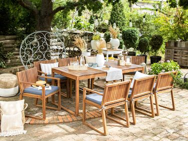 6 Seater Acacia Wood Garden Dining Set with Blue Cushions SASSARI