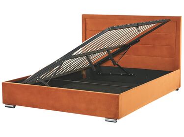 Zamatová posteľ s úložným priestorom 180 x 200 cm oranžová ROUEN