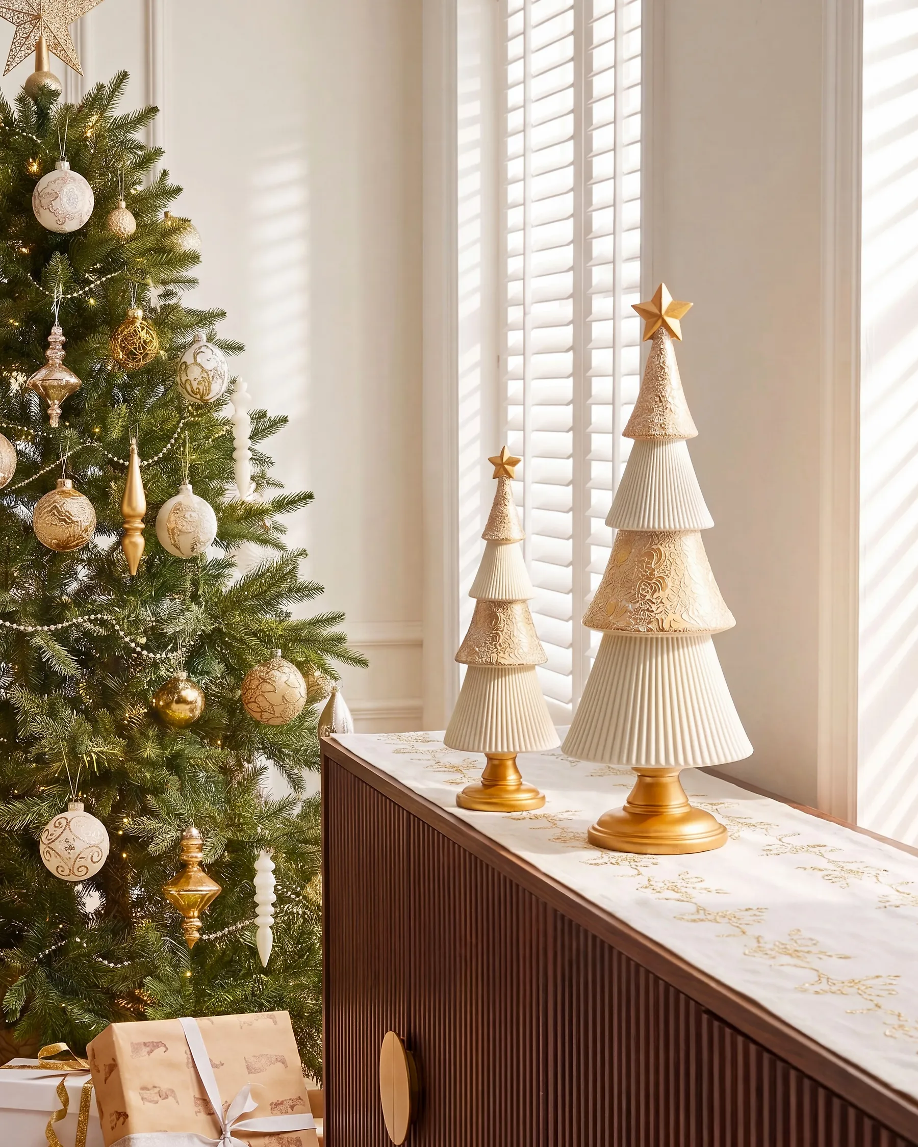 Set di 2 decorazioni natalizie ASPO 32/41 cm Albero di Natale Bianco sporco / Oro_1175712