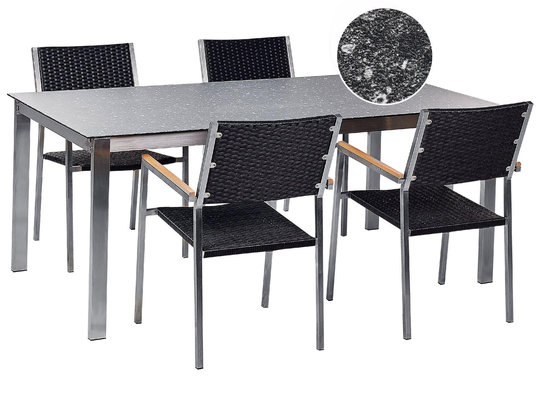 4 Seater Garden Dining Set Black Granite Effect Glass Top with PE Rattan Black Chairs COSOLETO/GROSSETO_881598