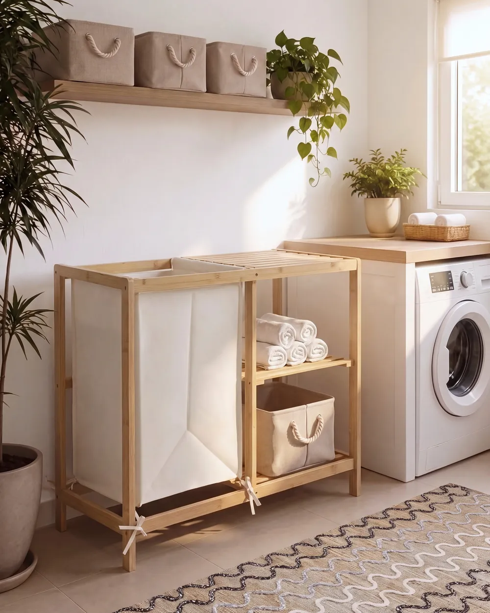 Meuble haut PUILAR 68 cm avec panier à linge Bambou Marron clair
