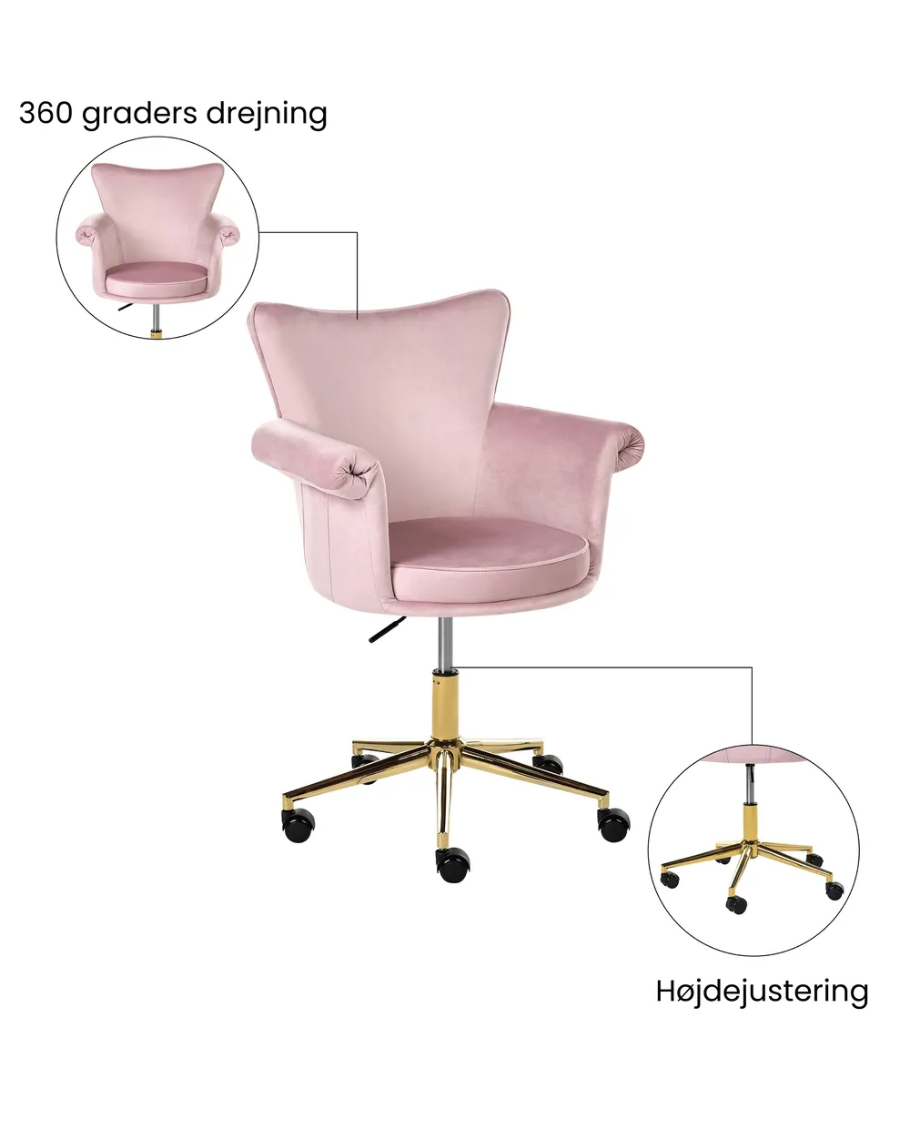 Skrivebordsstol VELENCIA Velour Pastellrosa_1065148