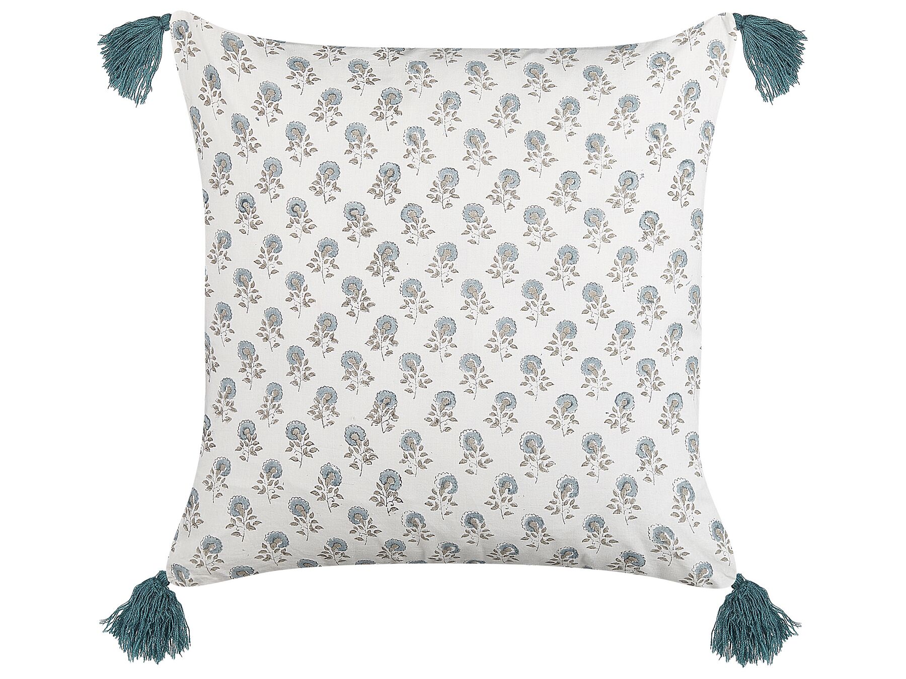 Bawełniana poduszka dekoracyjna w kwiaty z frędzlami 45 x 45 cm biało-niebieska CORNUS_839136