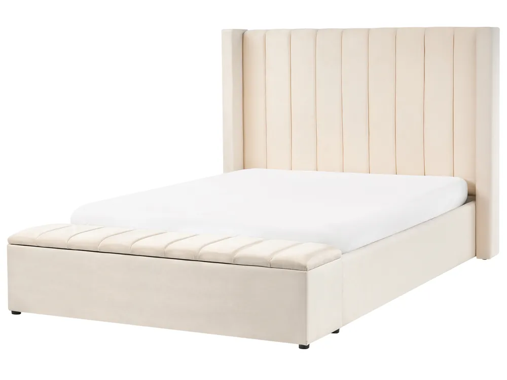 Bed with Storage Bench NOYERS Velvet Off-White 140 x 200 cm (EU Double)_1036509