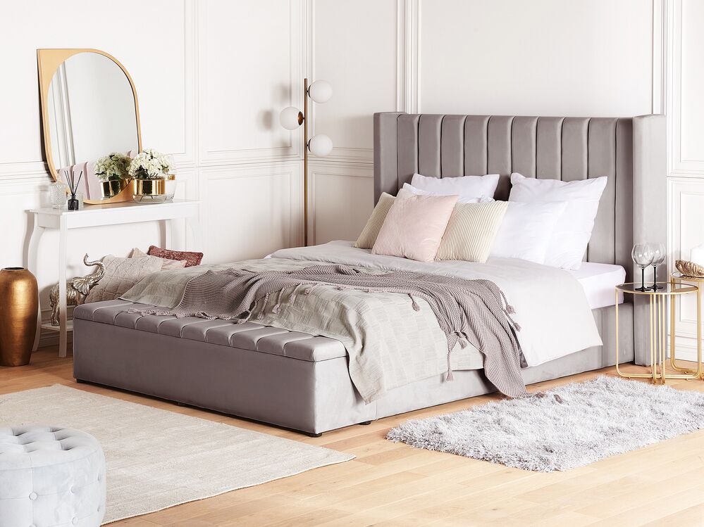 Velvet EU Double Size Waterbed with Storage Bench Grey NOYERS Beliani