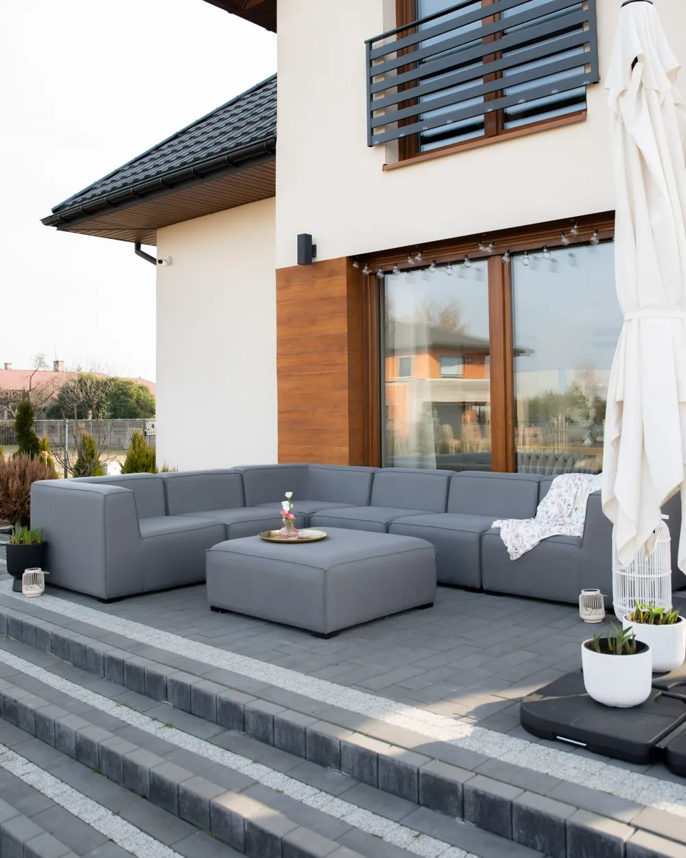 Garden Corner Sofa with Ottoman 7 Seater AREZZO Modular Grey Right Hand_978882