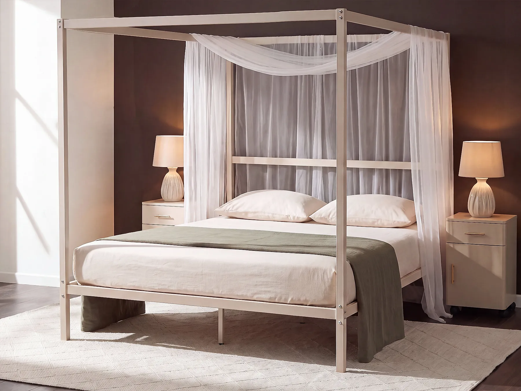 Four Poster Bed Metal LESTARDS 140 x 200 cm (EU Double) Light Beige_1165373