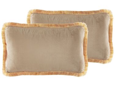 Set of 2 Fringed Velvet Cushions 30 x 50 cm Beige POTHOS