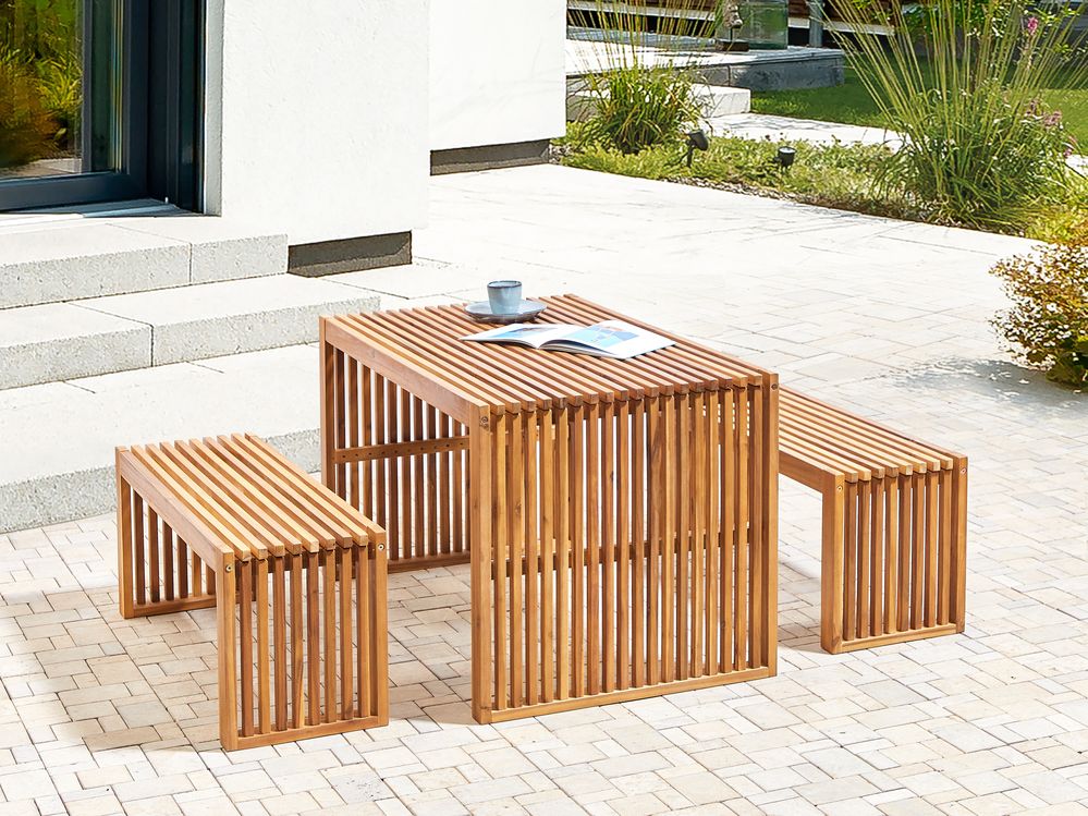 Set dining pentru grădină cu bănci cu 4 locuri BELLANO Lemn de acacia Maro