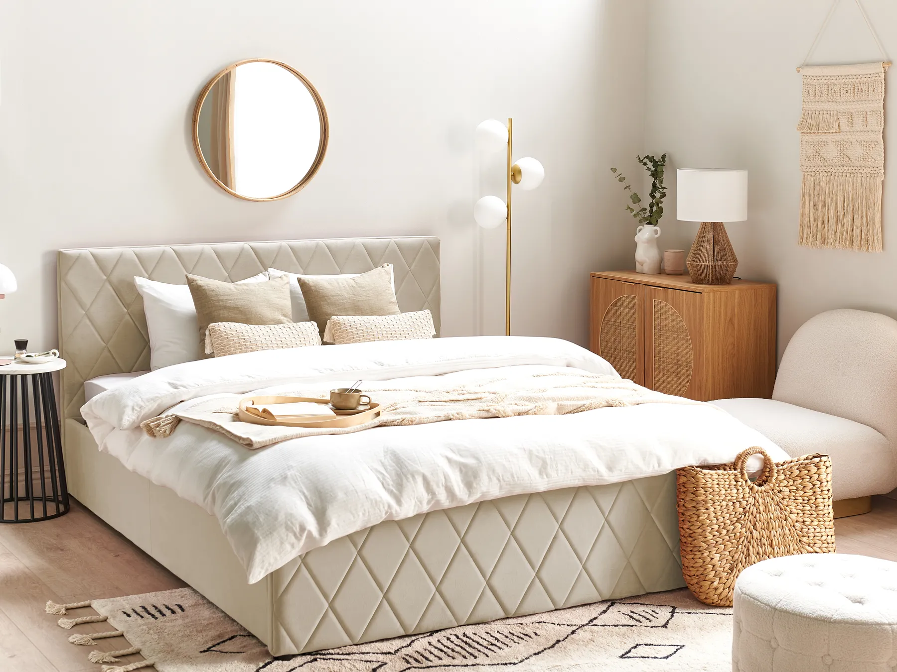Ottoman Bed ROCHEFORT Velvet Beige 160 x 200 cm (EU King Size)_857288