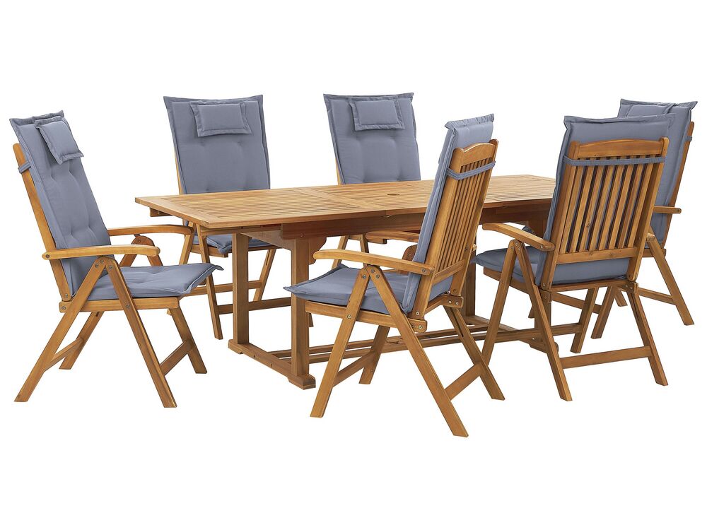 Conjunto de comedor exterior 6 plazas JAVA con cojines Madera de acacia Azul