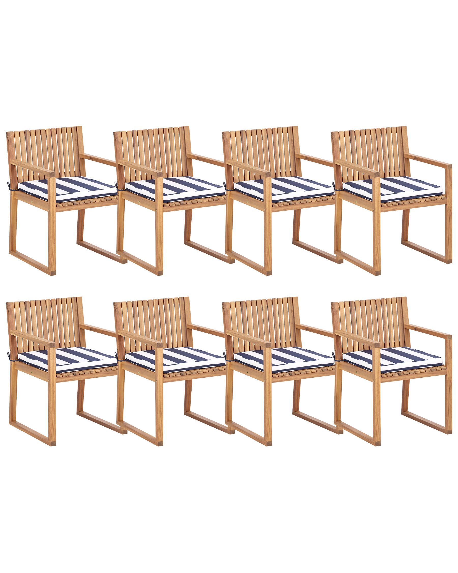 Set of 8 Certified Acacia Wood Garden Dining Chairs with Navy Blue and White Cushions SASSARI II_923931