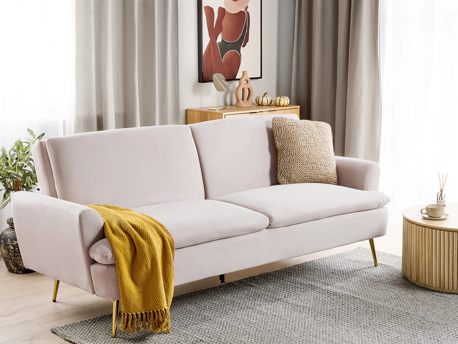 Divano letto 3 posti VETTRE Velluto Beige chiaro_880937