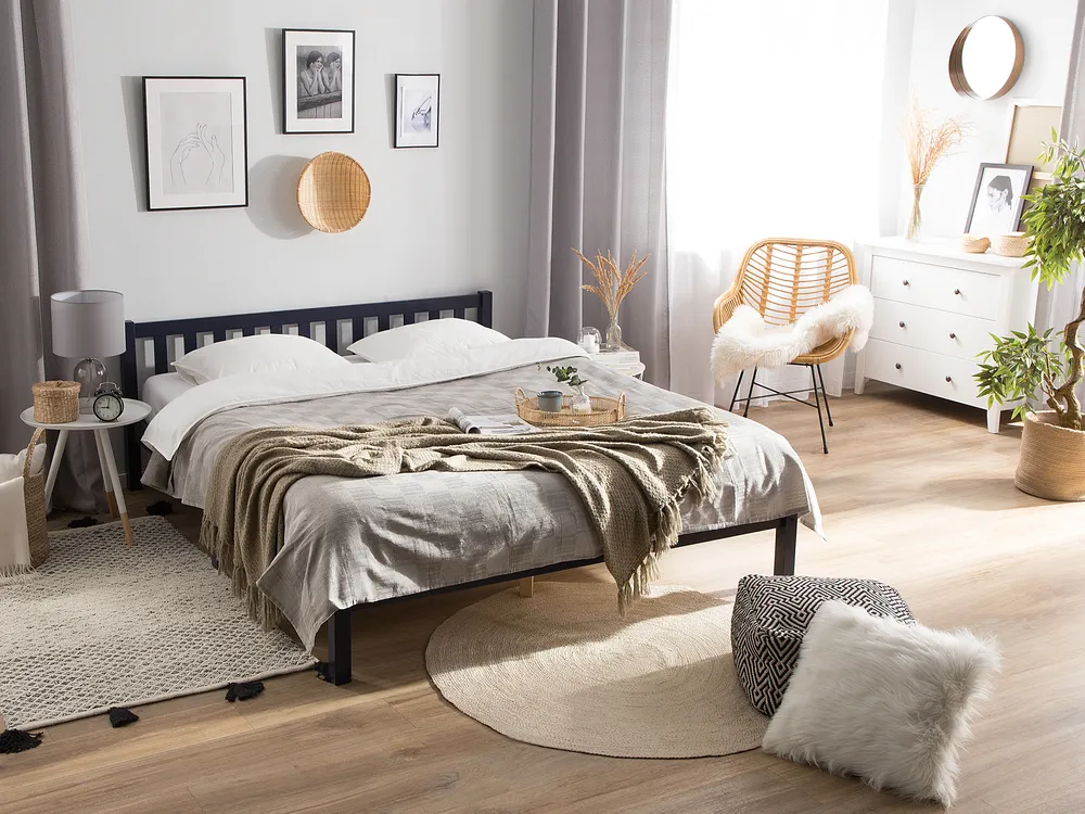 Bed Pine Wood FLORAC 140 x 200 cm (EU Double) Navy Blue