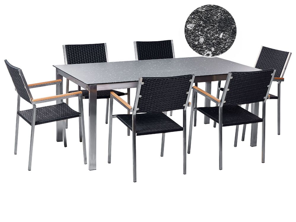 Garden Dining Set 6 Seater COSOLETO/GROSSETO Tempered Glass Granite Effect Black