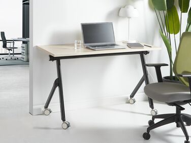 Folding Office Desk with Casters 120 x 60 cm Light Wood and Black BENDI