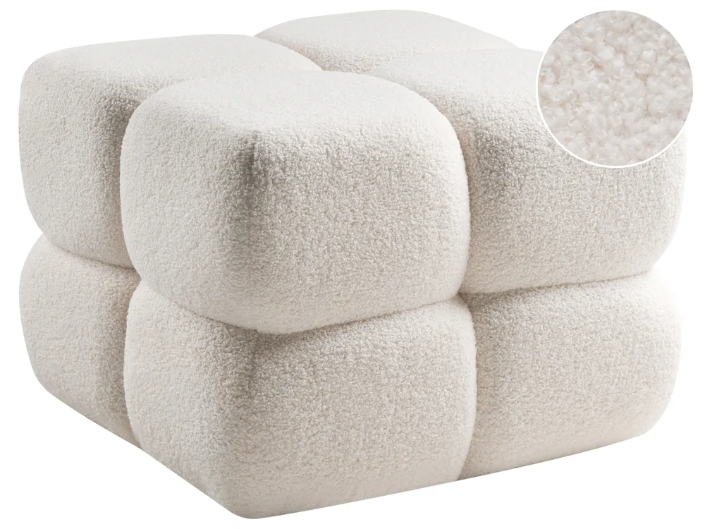 Pouf Boucle Bianco - Pouf Morbido In Tessuto Bouclé, Per Soggiorno E Camera Da Letto