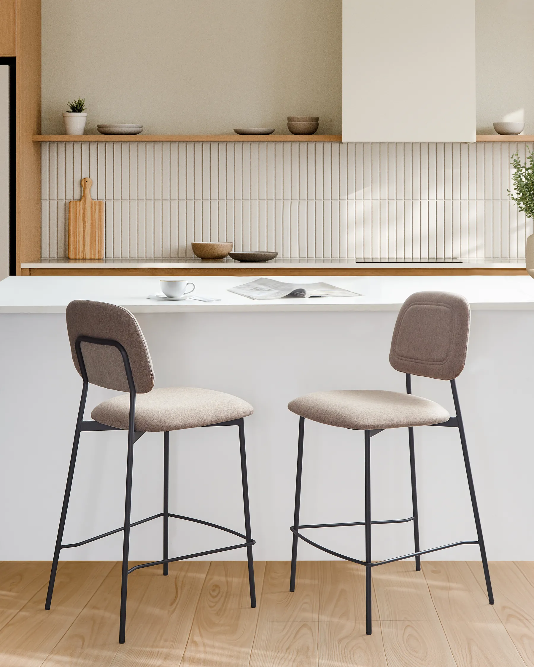 Set of 2 Bar Chairs DUETTE Faux Linen Taupe_986889