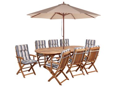 8 Seater Acacia Wood Garden Dining Set with Parasol and Blue Stripes Cushions MAUI II