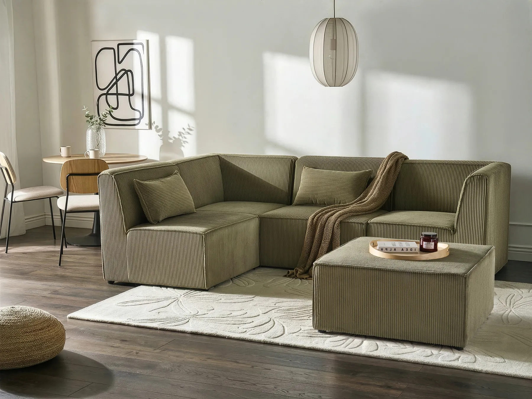 Modular Corner Sofa 4 Seater LEMVIG with Ottoman Corduroy Green Right Hand_875803